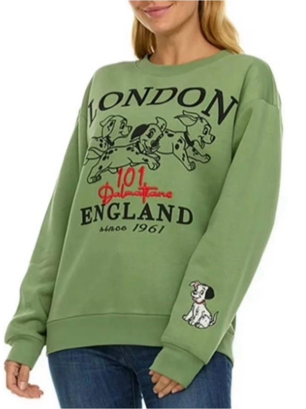 Disney XL 101 Dalmatians London England Green Embroidered Crewneck